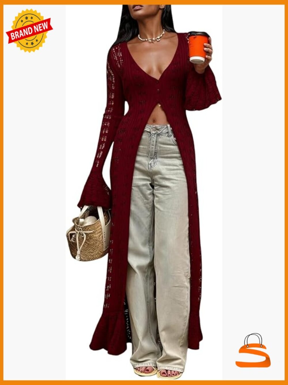 Women's Crochet Cardigan Bell Sleeve Ruffle Knit Hollow Out Lightweight Duster